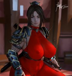 Rule 34 | 1girl, 2020, arm guards, armor, artist name, artnip, belly, black hair, blurry, blurry background, bodysuit, breasts, brown hair, closed mouth, covered erect nipples, curvy, female pubic hair, gloves, hand on hilt, impossible bodysuit, impossible clothes, kodachi, large breasts, looking to the side, ninja, nose, parted bangs, pink lips, pubic hair, pussy, red bodysuit, sheath, sheathed, short sword, shoulder armor, skin tight, solo, soul calibur, soulcalibur, soulcalibur iv, squatting, sword, tagme, taki (soulcalibur), thick thighs, thighs, weapon, wide hips