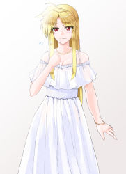 Rule 34 | 1girl, blonde hair, blush, bracelet, breasts, cleavage, closed mouth, collarbone, dress, fate testarossa, highres, jewelry, long hair, looking at viewer, lyrical nanoha, mahou shoujo lyrical nanoha strikers, medium breasts, necklace, red eyes, ribbon, solo, sougetsu izuki, standing, very long hair, white background, white dress, white ribbon