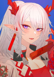 Rule 34 | 1girl, :p, absurdres, arknights, blue background, blush, breasts, cleavage, collarbone, colored skin, dragon horns, earrings, grey hair, grey jacket, highres, hisamichi (hisamichi1373), horns, jacket, jewelry, looking at viewer, medium breasts, multicolored hair, nian (arknights), open clothes, open jacket, parted lips, pointy ears, ponytail, purple eyes, red hair, red skin, simple background, solo, streaked hair, tongue, tongue out, two-tone hair, upper body