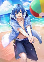 Rule 34 | 1boy, ball, beach, beach volleyball, black jacket, blue eyes, blue hair, blue nails, blue shorts, drawstring, fingernails, hatsune miku graphy collection, highres, hood, hood down, hooded jacket, jacket, jewelry, kaito (vocaloid), lower teeth only, necklace, ocean, open mouth, short hair, short sleeves, shorts, solo, sparkle, teeth, teito (0w0kuma), vocaloid, volleyball, volleyball (object)