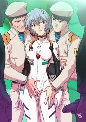 Rule 34 | 1990s (style), 1girl, 4boys, ayanami rei, blue hair, grabbing another&#039;s breast, fingering, fingering through clothes, grabbing, highres, multiple boys, neon genesis evangelion, nerv, open mouth, plugsuit, red eyes, tekuho no habo, through clothes