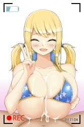 Rule 34 | 1boy, 1girl, absurdres, after paizuri, bikini, blonde hair, blush, breasts, camera, cleavage, closed eyes, collarbone, cum, cum on body, cum on breasts, cum on upper body, fairy tail, hetero, highres, huge breasts, long hair, lucy heartfilia, lying, motion lines, on back, open mouth, paizuri, penis, pov, recording, sakidesu, smile, star (symbol), star print, sweat, swimsuit, twintails, uncensored, v