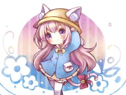 Rule 34 | 1girl, animal ears, arm up, azur lane, bell, blue shirt, blush, bow, cat ears, cat girl, cat tail, chibi, closed mouth, commentary request, floral background, hat, head tilt, jingle bell, kindergarten uniform, kisaragi (azur lane), long hair, long sleeves, looking away, mado (mugumado), pink hair, pleated skirt, pouch, purple eyes, red bow, red ribbon, ribbon, school hat, shirt, skirt, sleeves past wrists, solo, tail, tail bell, tail bow, tail ornament, thighhighs, very long hair, walking, white thighhighs, yellow bow, yellow hat, yellow skirt