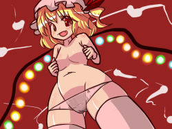 Rule 34 | 1girl, bad id, bad pixiv id, blonde hair, blush, breasts, cameltoe, fang, female focus, flandre scarlet, glowing, hakika, hat, medium breasts, navel, open mouth, panties, red eyes, short hair, side ponytail, smile, solo, thighhighs, topless, touhou, underwear, wings