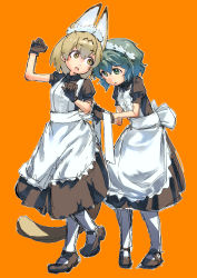 Rule 34 | 2girls, absurdres, alternate costume, animal ears, apron, arairestaurant, back bow, black dress, black gloves, black hair, blonde hair, blue eyes, bow, brown footwear, cat ears, cat girl, cat tail, collared dress, commentary request, dress, enmaided, extra ears, gloves, highres, kaban (kemono friends), kemono friends, looking at another, maid, maid apron, maid headdress, mary janes, matching outfits, multiple girls, pantyhose, puffy short sleeves, puffy sleeves, serval (kemono friends), shoes, short hair, short sleeves, standing, standing on one leg, tail, white apron, white legwear, yellow eyes