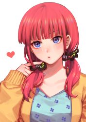 Rule 34 | 1girl, blunt bangs, breasts, butterfly hair ornament, cardigan, eyebrows hidden by hair, go-toubun no hanayome, hair ornament, twirling hair, heart, highres, large breasts, low twintails, nakano nino, noriuma, red hair, simple background, solo, twintails, upper body, white background
