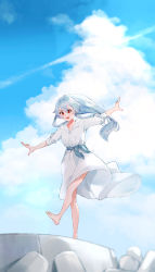 Rule 34 | 1girl, absurdres, barefoot, blue sky, blush, breasts, cloud, contemporary, contrail, cumulonimbus cloud, dress, fate/grand order, fate (series), feet, hair between eyes, highres, large breasts, legs, long hair, open mouth, red eyes, rock, sash, see-through, see-through dress, short sleeves, silver hair, sky, smile, tomoe gozen (fate), vegetablenabe, white dress