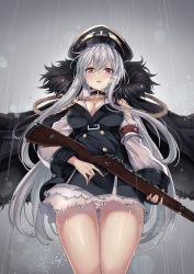 Rule 34 | 1girl, black dress, blush, bolt action, breasts, brown eyes, cenangam, cloak, commentary, cowboy shot, dress, fur trim, girls&#039; frontline, gun, hair between eyes, hat, holding, holding gun, holding weapon, kar98k (girls&#039; frontline), large breasts, long hair, long sleeves, looking at viewer, mauser 98, military, military uniform, open mouth, panties, pantyshot, parted lips, peaked cap, rain, revision, rifle, short dress, sidelocks, silver hair, solo, standing, thighs, trigger discipline, underwear, uniform, very long hair, weapon, white panties