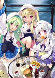 Rule 34 | 3girls, arm up, azur lane, blonde hair, blush, breasts, comet (azur lane), commentary request, crescent (azur lane), cygnet (azur lane), cygnet (retrofit) (azur lane), fish (food), fish and chips, food, green hair, highres, large breasts, leg up, manjuu (azur lane), multiple girls, ochinsama, plate, selfie, silver hair, table, thighhighs