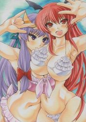 Rule 34 | 2girls, arm up, armpits, bat wings, bikini, blush, breasts, cleavage, crescent, crescent hair ornament, curvy, female focus, frilled bikini, frills, hair ornament, hair ribbon, head wings, hip focus, koakuma, large breasts, long hair, looking at viewer, m/, marker (medium), millipen (medium), multiple girls, navel, open mouth, patchouli knowledge, pointy ears, purple bikini, purple eyes, purple hair, red eyes, red hair, ribbon, smile, standing, swimsuit, touhou, traditional media, underboob, uneven eyes, very long hair, white bikini, wings, yutakasan-love