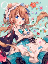 Rule 34 | 1girl, :o, ana (rznuscrf), animal ears, blue bow, blue bowtie, blue eyes, blush, bow, bowtie, brown hair, commentary, corset, eli conifer, flower, frills, green background, green skirt, hair ribbon, headdress, long hair, long sleeves, looking at viewer, nijisanji, open mouth, petals, puffy sleeves, red ribbon, ribbon, simple background, skirt, solo, twintails, upper body, virtual youtuber