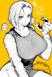 Rule 34 | !, 1boy, 1girl, absurdres, android 18, breasts, doughnut, dragon ball, dragonball z, eating, fingernails, food, greyscale, greyscale with colored background, highres, holding, holding food, kuririn, large breasts, long hair, long sleeves, looking at viewer, monochrome, pants, simple background, solo focus, spoken exclamation mark, striped sleeves, yellow background, yellow eyes, yotsumi shiro
