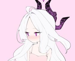 Rule 34 | 1girl, ahoge, blue archive, blush, camisole, closed mouth, demon horns, flat chest, halo, hina (blue archive), honi (honi1010), horns, long hair, looking to the side, multiple horns, parted bangs, pink background, pink camisole, purple eyes, simple background, solo, white hair