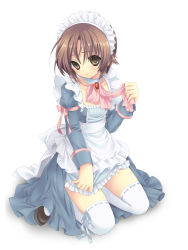 Rule 34 | 1boy, apron, bad id, bad pixiv id, bow, brown eyes, brown hair, choker, crossdressing, hairband, highres, juliet sleeves, kneeling, little busters!, long sleeves, maid, maid apron, maid headdress, male focus, mary janes, naoe riki, pink bow, puffy sleeves, ribbon, sacraneco, shoes, sitting, solo, thighhighs, trap, wariza, white thighhighs