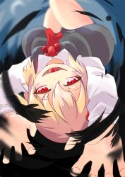 Rule 34 | 1girl, black dress, blonde hair, darkness, dress, fang, highres, looking at viewer, looking down, nama shirasu, open mouth, outstretched arms, red eyes, rumia, saliva, shirt, smile, solo, tongue, touhou, upside-down