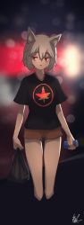Rule 34 | 1641 (chfhrtor94), animal ears, bag, black shirt, blush, brown shorts, can, contemporary, highres, holding, holding bag, holding can, inubashiri momiji, leaf, light blush, looking at viewer, maple leaf, open mouth, red eyes, shirt, short hair, shorts, signature, solo, t-shirt, touhou, white hair, wolf ears