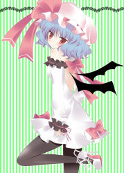 Rule 34 | 1girl, alternate costume, backless dress, backless outfit, bad id, bad pixiv id, bat wings, black pantyhose, blue hair, bow, dress, dress bow, female focus, from side, green background, hat, high heels, mob cap, niki (aroma terrace), pantyhose, red eyes, remilia scarlet, shibainu niki, short hair, solo, standing, standing on one leg, stiletto heels, touhou, wings