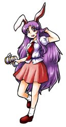 Rule 34 | 1girl, :d, animal ears, blush, breasts, carrot, collared shirt, commentary, ears perk, loafers, long hair, looking at viewer, lunatic gun, medium breasts, miniskirt, nazotyu, necktie, open mouth, puffy short sleeves, puffy sleeves, purple hair, rabbit ears, red eyes, reisen udongein inaba, shirt, shoes, short sleeves, skirt, smile, socks, solo, tie clip, touhou, very long hair, white socks