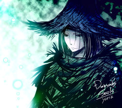 Rule 34 | 1girl, black hair, demon&#039;s souls, female focus, from software, gradient background, hat, lowres, pale skin, robe, short hair, solo, tana (garyuh-chitai), witch hat, yuria the witch