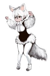 Rule 34 | 10s, 1girl, animal ears, bow, bowtie, closed mouth, dress, extra ears, frills, from side, full body, grey eyes, grey hair, hair between eyes, hands up, ise (0425), kemono friends, knees together feet apart, long sleeves, looking afar, multicolored hair, pantyhose, paw pose, shoes, short dress, short hair, simple background, solo, southern tamandua (kemono friends), standing, tail, tamandua ears, tamandua tail, white background, white bow, white hair, white pantyhose