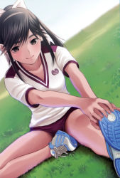 Rule 34 | 1girl, absurdres, artist request, black eyes, black hair, blurry, bow, day, depth of field, dutch angle, grass, gym uniform, hair bow, highres, looking at viewer, love plus, outdoors, shoes, smile, sneakers, solo, stretched legs, takane manaka, white bow