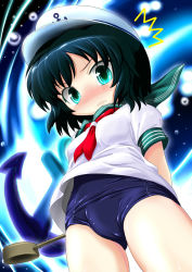 Rule 34 | 1girl, ^^^, anchor, angry, aqua eyes, arms behind back, black hair, blush, fat mons, female focus, from below, frown, green eyes, hat, highres, hishaku, inyucchi, ladle, looking down, murasa minamitsu, no pants, one-piece swimsuit, sailor, sailor collar, sailor hat, school swimsuit, shiny clothes, short hair, skindentation, solo, swimsuit, swimsuit under clothes, touhou