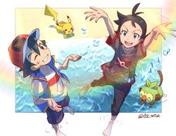 Rule 34 | 2boys, :d, ajc, antenna hair, arms up, ash ketchum, bad id, bad pixiv id, barefoot, baseball cap, black hair, blue eyes, blue jacket, brown eyes, child, commentary, creatures (company), eyelashes, game freak, gen 1 pokemon, gen 8 pokemon, goh (pokemon), green hair, grin, grookey, hat, highres, jacket, male focus, multiple boys, nintendo, one eye closed, open clothes, open jacket, open mouth, pants, pikachu, pokemon, pokemon (anime), pokemon (creature), pokemon journeys, red headwear, sand, shirt, shore, short hair, short sleeves, shorts, sleeveless, sleeveless jacket, smile, standing, t-shirt, teeth, tongue, upper teeth only, wading, water, water drop, white shirt