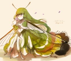 Rule 34 | 1girl, arthropod girl, arthropod limbs, ascot, beige background, bug, dress, flower, frilled dress, frilled sleeves, frills, green hair, hawk moth, highres, hogara, holding, holding flower, insect girl, insect wings, long hair, monster girl, moth girl, multicolored eyes, multicolored hair, multiple legs, original, petals, white hair, wings, wrist cuffs, yellow background