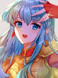 Rule 34 | 1girl, :d, armor, blue eyes, blue hair, blush, breastplate, commentary request, edamameoka, eirika (fire emblem), fingerless gloves, fire emblem, fire emblem: the sacred stones, gloves, grey background, hair between eyes, highres, long hair, looking at viewer, nintendo, open mouth, red gloves, red shirt, shirt, smile, solo, upper body