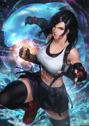 Rule 34 | abs, absurdres, arm guards, black skirt, black thighhighs, clenched hand, collarbone, crop top, dolphin, elbow gloves, final fantasy, final fantasy vii, final fantasy vii remake, fingerless gloves, glaring, gloves, highres, long hair, looking at viewer, low-tied long hair, parted lips, pleated skirt, red eyes, red footwear, school uniform, serafuku, skirt, solo, sports bra, square enix, sunkeytail, suspender skirt, suspenders, swept bangs, tank top, thighhighs, tifa lockhart, toned