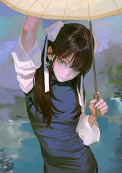 Rule 34 | 1girl, blue eyes, bow, brown hair, chinese clothes, contrapposto, earrings, eyeball bracelet girl (fkey), fkey, fringe trim, from above, hair bow, highres, jewelry, long hair, looking at viewer, looking up, oil-paper umbrella, original, solo, umbrella, water, white bow, yin yang