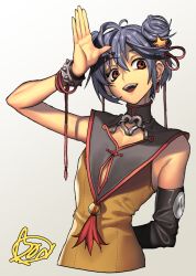 Rule 34 | 1boy, ahoge, arm behind back, bad id, bad pixiv id, blue hair, bracelet, chinese clothes, double bun, earrings, elbow gloves, gloves, jewelry, lips, male focus, open mouth, original, red eyes, salute, single elbow glove, smile, solo, spiked bracelet, spikes, trap, upper body, wadani hitonori