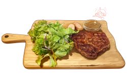 Rule 34 | cutting board, emufaasu, food, food focus, highres, lettuce, meat, no humans, original, sauce, simple background, steak, still life, vegetable, white background