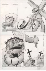 Rule 34 | blood, comic, cosplay, count von count, cross, greyscale, grover, highres, jesus, jesus christ (cosplay), monochrome, no humans, sesame street, silent comic, slimey the worm, teeny little super guy, whip