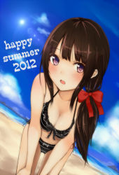 Rule 34 | 10s, 1girl, 2012, 96tuki, bad id, bad pixiv id, bare shoulders, beach, bikini, black bikini, blush, bow, breasts, brown hair, cleavage, collarbone, downblouse, dutch angle, front-tie top, hair bow, hair over shoulder, halterneck, hands on own knees, leaning forward, long hair, looking at viewer, navel, open mouth, original, purple eyes, side-tie bikini bottom, solo, swimsuit