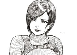 Rule 34 | ..., 1girl, ada wong, commentary, english commentary, eyes visible through hair, finalcake, lipstick, makeup, monochrome, portrait, resident evil, resident evil 4, resident evil 4 (remake), ribbed sweater, short hair, solo, sweatdrop, sweater, turtleneck, turtleneck sweater