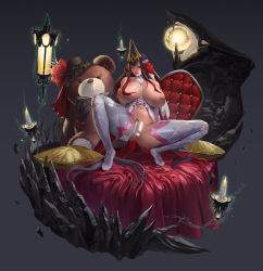 Rule 34 | 1girl, :p, absurdres, bad id, bad pixiv id, bed, breasts, candle, censored, clothing aside, commission, echidna (last origin), flower, garter belt, garter straps, hair flower, hair ornament, headpiece, highres, huge breasts, huge filesize, lantern, last origin, long hair, multicolored hair, nipples, panties, panties aside, pillow, purple hair, pussy, red hair, slit pupils, solo, squatting, stuffed animal, stuffed toy, teddy bear, thighhighs, tongue, tongue out, two-tone hair, underwear, uronte, veil, very long hair, white thighhighs, yellow eyes