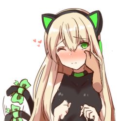 Rule 34 | 1girl, 3:, afterimage, animal ear headphones, animal ears, bad id, bad pixiv id, black leotard, blonde hair, blush, bow, breasts, cat ear headphones, cat ears, cat tail, choker, fake animal ears, frown, girls&#039; frontline, green bow, green choker, green eyes, hair bow, headpat, headphones, heart, large breasts, leotard, long hair, motion lines, one eye closed, simple background, solo, solo focus, tail, tail bow, tail ornament, tail wagging, tmp (girls&#039; frontline), unnamed (xsmu4552), upper body, white background