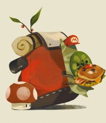Rule 34 | artist logo, backpack, bag, burger, food, hat, highres, holding, holding food, korok, mario (series), mario hat, mushroom, nintendo, no humans, pisu 1107, red hat, sprout, the legend of zelda, the legend of zelda: breath of the wild