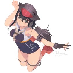 Rule 34 | 10s, 1girl, asymmetrical hair, black hair, boots, brown eyes, cutoffs, framed breasts, full body, gloves, hair between eyes, hat, headgear, headphones, high heel boots, high heels, highres, i-14 (kancolle), kantai collection, looking at viewer, neckerchief, partially fingerless gloves, rota (bitmap1022), school swimsuit, shirt, short hair, simple background, smile, solo, swimsuit, white background