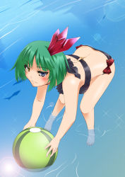 Rule 34 | 10s, 1girl, :3, ball, beachball, bent over, bikini, blue eyes, bow, dark precure, from above, green hair, grin, hair ornament, heartcatch precure!, heterochromia, legs, lens flare, looking up, o-ring, o-ring top, precure, short hair, smile, solo, submerged, swimsuit, tamo (tamokuteki kuukan), water, yellow eyes