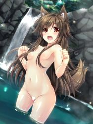 Rule 34 | 1girl, :d, ahoge, animal ears, blush, breasts, brown hair, fang, groin, hair censor, hair over breasts, highres, long hair, looking at viewer, modern drawing style, moeki yuuta, nature, navel, nude, open mouth, original, partially submerged, red eyes, short hair, small breasts, smile, solo, tail, wading, water, waterfall, wet, wolf ears, wolf tail