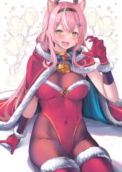 Rule 34 | 1girl, :d, animal ears, antlers, bell, blush, bodysuit, breasts, brown bodysuit, cape, christmas, commentary request, fangs, floral background, gloves, green eyes, green hairband, hairband, highres, horns, long hair, looking at viewer, medium breasts, multicolored hair, nijisanji, nijisanji kr, open mouth, red cape, red gloves, red thighhighs, sitting, smile, solo, streaked hair, thighhighs, virtual youtuber, white background, white hair, yang nari, yoshiheihe