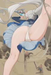 Rule 34 | 1girl, 2boys, ass, bald, blue dress, dress, earrings, energy, floating hair, from above, from behind, highres, holding, holding polearm, holding sword, holding weapon, jewelry, jumping, long hair, multiple boys, myrtenaster, panties, polearm, rwby, snowflake print, solo focus, split, spread legs, sword, thighs, underwear, very long hair, wangxiii, weapon, weiss schnee, white hair, white panties