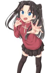 Rule 34 | 1girl, black hair, black thighhighs, blue eyes, blush, command spell, daikon (tomohiro158), fate/stay night, fate (series), gem, simple background, skindentation, skirt, solo, thighhighs, tohsaka rin, twintails, two side up