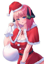 Rule 34 | 1girl, :q, black ribbon, blue eyes, blunt bangs, blush, bob cut, breasts, butterfly hair ornament, capelet, christmas, cleavage, closed mouth, commentary request, dress, fur-trimmed capelet, fur-trimmed dress, fur-trimmed headwear, fur trim, go-toubun no hanayome, hair ornament, hair ribbon, hat, highres, holding, holding sack, large breasts, licking, licking lips, looking at viewer, nakano nino, pink hair, red capelet, red dress, red hat, ribbon, sack, santa costume, santa dress, santa hat, sidelocks, simple background, solo, standing, tongue, tongue out, two side up, upper body, uyufuzi s, white background