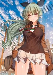 Rule 34 | 1girl, anchovy (girls und panzer), blush, breasts, closed mouth, collarbone, girls und panzer, green hair, hair ornament, hair ribbon, highres, large breasts, long hair, looking at viewer, megadeko, microskirt, necktie, outdoors, pleated skirt, red eyes, ribbon, shiny skin, skirt, sky, smile, solo, striped necktie, white skirt