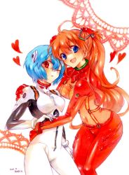 Rule 34 | 2girls, ayanami rei, bad id, bad pixiv id, blue eyes, blue hair, bodysuit, curvy, evangelion: 2.0 you can (not) advance, hair ornament, heart, hug, kanna irori, long hair, marker (medium), multicolored clothes, multiple girls, neon genesis evangelion, one eye closed, open mouth, orange hair, plugsuit, rebuild of evangelion, red eyes, shiny clothes, shiny skin, skin tight, smile, souryuu asuka langley, test plugsuit, traditional media, very long hair, wink