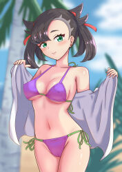 Rule 34 | 1girl, absurdres, alternate costume, asymmetrical bangs, beach, bikini, black hair, blurry, blurry background, breasts, cameltoe, cleft of venus, closed mouth, collarbone, commentary request, covered erect nipples, creatures (company), earrings, game freak, green eyes, groin, highres, jewelry, looking at viewer, maho (corotonton5150), marnie (pokemon), medium breasts, medium hair, navel, nintendo, pokemon, pokemon swsh, side-tie bikini bottom, smile, solo, swimsuit