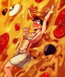 Rule 34 | 1girl, arm up, armpits, bad id, bad tumblr id, black eyes, black hair, blush, breasts, cheese, dripping, food, full-face blush, hat, highres, in food, lying, mini person, minigirl, mushroom, olive, on back, original, oversized clothes, pepperoni, pizza, polyle, roni rollerblader, short hair, shorts, small breasts, smile, solo, suspenders, topless